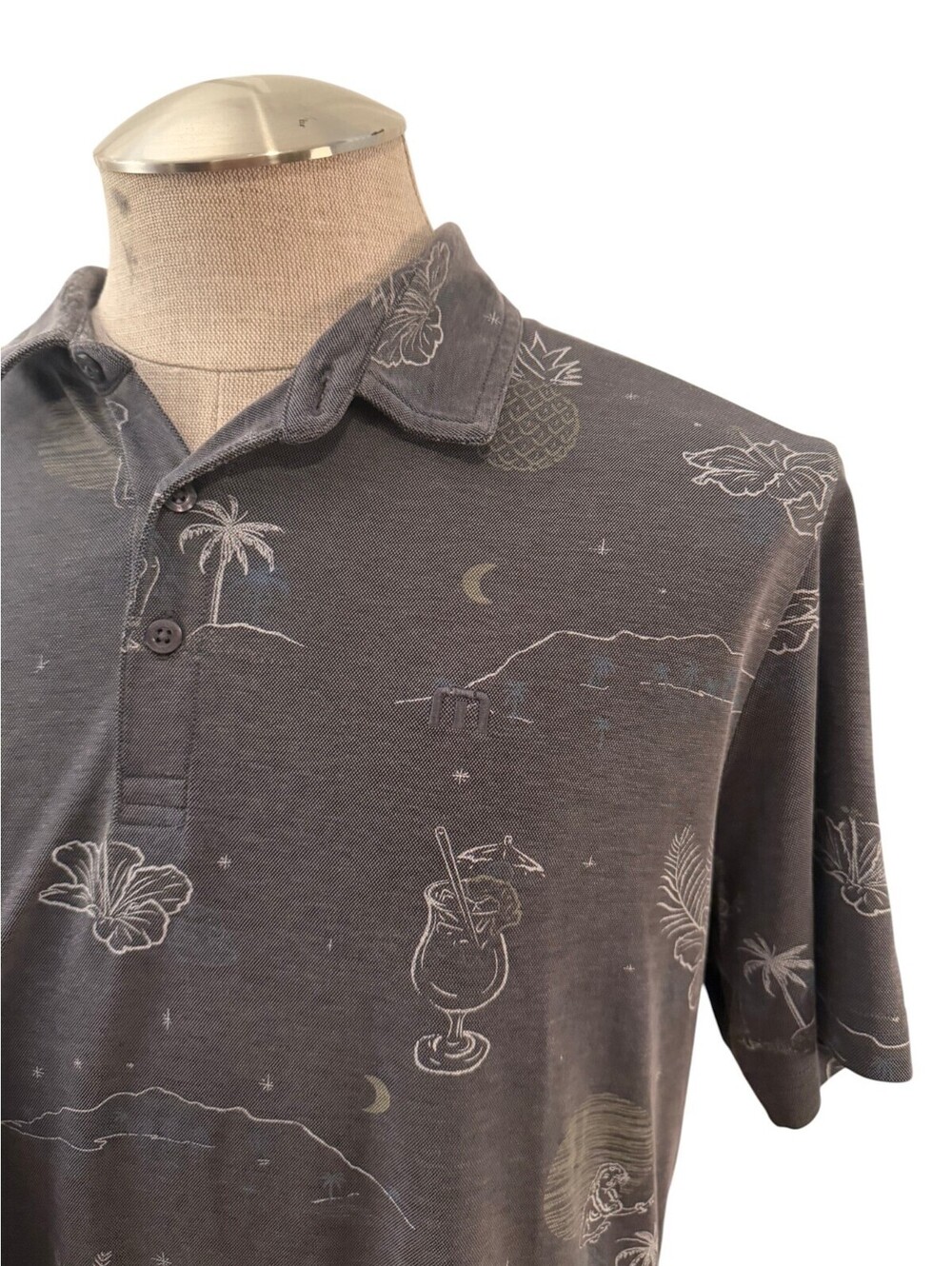Travis Mathew Men's XL Golf Polo Shirt Day Man Gray All Over Print Swan Lake CC